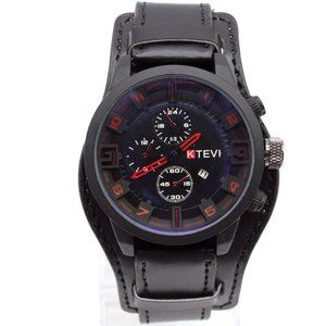 KTEVI Watch Mens Black Tone Stainless Steel Black Leather Band Big Face Dial